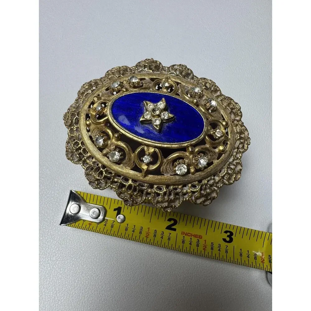 Vintage Florenza Jeweled Filigree Trinket Box Cobalt Blue Enamel Footed Oval